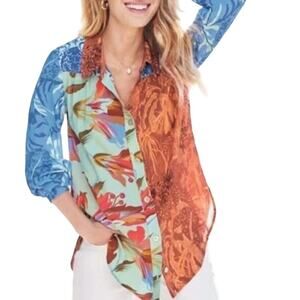 Soft Surroundings Womens Boho Hippie Button Up Blouse Long Sleeve Multicolor M